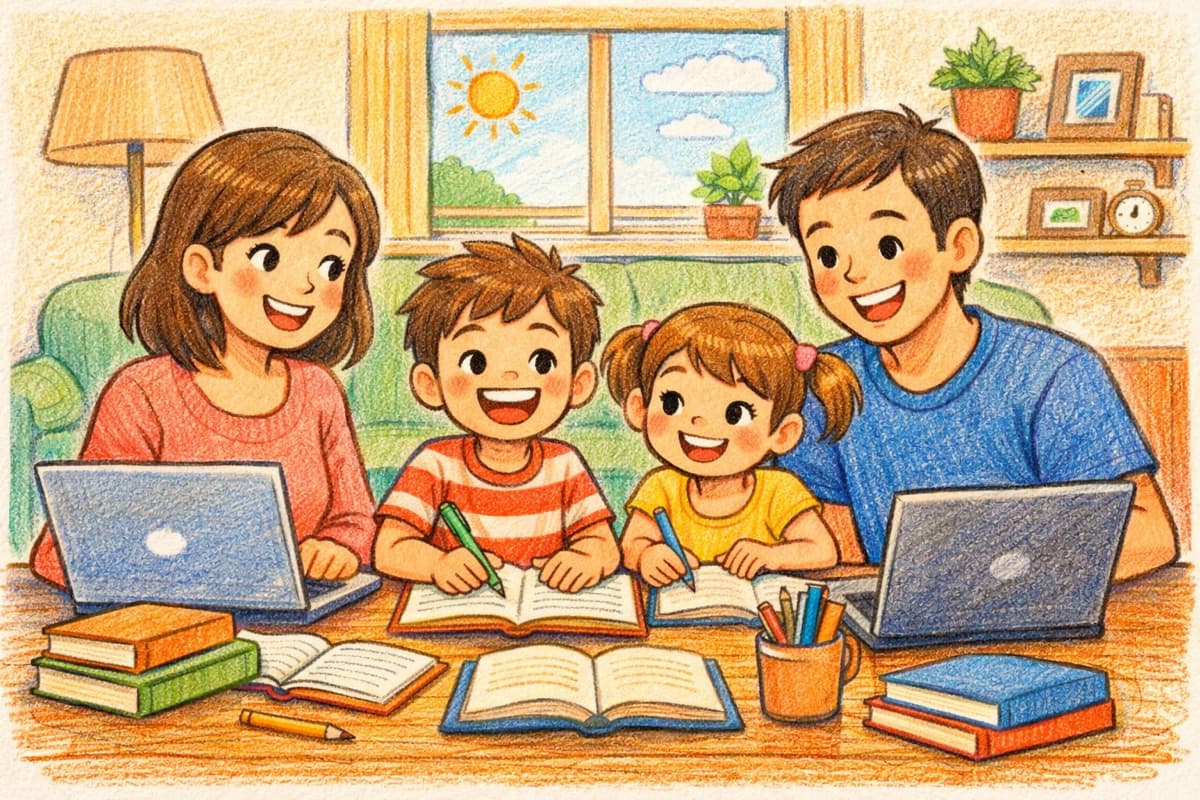 Family studying together at home